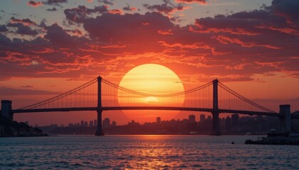 Vibrant Sunset over Suspension Bridge with City Skyline