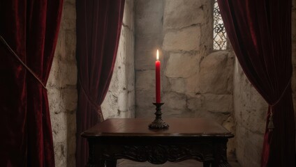 Fototapeta premium Candlelit Serenity - A Red Candles Warm Glow in a Stone Room.