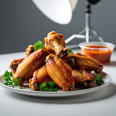 Glossy chicken wings on a white plate with parsley and sauce