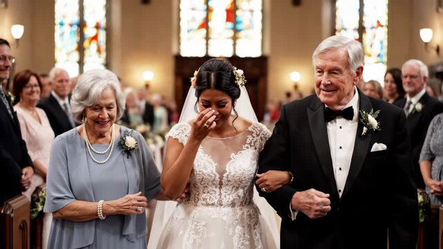 In a charming church filled with loved ones, a radiant bride walks down the aisle, flanked by her parents.