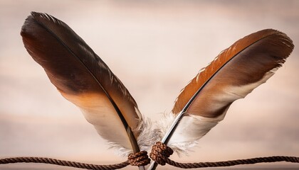 Two Feathers Tied Together With Leather Cords Photo