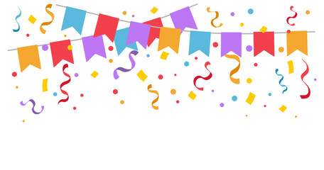 Bunting and confetti create a festive party atmosphere for anniversaries, holidays, and events, featuring birthday decorations, flag garlands and streamers, colorful ribbons © SunnyScrap