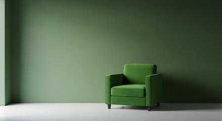Green armchair against solid green wall in empty room with copy space