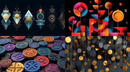 Abstract geometric shapes and colorful coins in modern futuristic design, vibrant digital art, 3d rendering