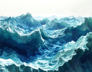 Obraz premium An abstract, stylized illustration depicts ocean waves. Shades of blue and turquoise create a textured, layered surface, evoking depth