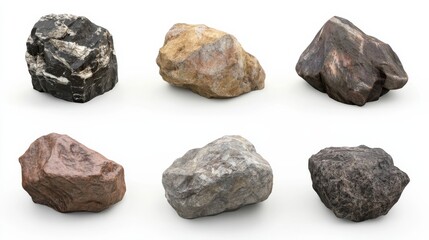 Collection of big rock stones isolated on white background featuring various textures and colors in realistic 3D render created for display and study purposes