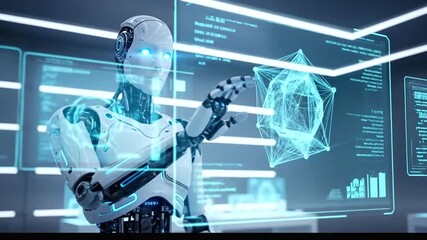 Humanoid robot interacting with a futuristic holographic interface, showcasing advanced artificial intelligence and data visualization in a high-tech environment. - Powered by Adobe