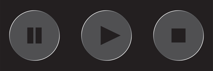 Sleek glass media player buttons with play, pause, and stop icons. Ideal for modern user interface design. © Top