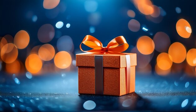 Orange Gift Box On Dark Bokeh Background Vibrant Orange Gift Box On Dark Blue Bokeh Background