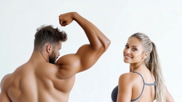 Muscular duo displaying strength: strong man flexing biceps, confident woman smiling