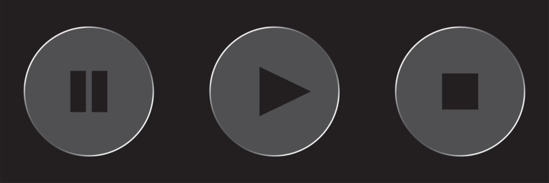 Sleek glass media player buttons with play, pause, and stop icons. Ideal for modern user interface design.