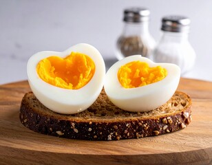 Two hard-boiled egg halves with heart-shaped yolks placed on a slice of brown bread. Salt and pepper shakers appear in the background. The creative food presentation evokes themes of love, breakfast.