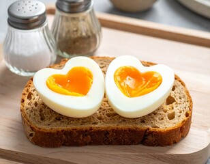 Two hard-boiled egg halves with heart-shaped yolks placed on a slice of brown bread. Salt and pepper shakers appear in the background. The creative food presentation evokes themes of love, breakfast.