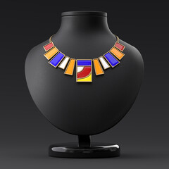 An unusual bronze and enamel necklace on a leather stand in the shape of a bust. Suprematist style. Jewelry showcase. 3d rendering.