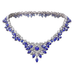 Luxurious necklace made of diamonds and blue sapphires on an isolated transparent background. Jewelry showcase. 3d rendering.