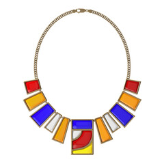 Unusual necklace made of bronze and enamel on isolated transparent background. Suprematism style. Jewelry showcase. 3d rendering.
