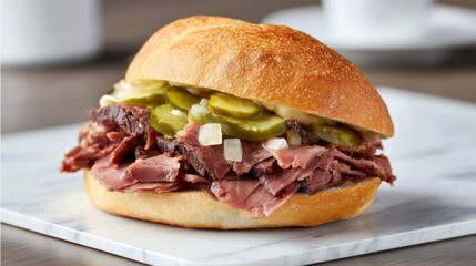 This deli-inspired creation features a generous portion of hot, succulent pastrami, complemented by crunchy pickles and chopped onions. Perfectly nestled in a soft bun, it's a mouthwatering delight