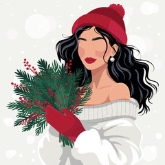 Minimalist winter fashion faceless woman holding an evergreen bouquet, red beanie and gloves, cozy Christmas mood on a clean snowy background&mdash;ideal for greeting cards, posters, invitations.