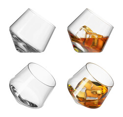 Whiskey on transparent isolated background. Set of empty glasses and with drink in different angles. Bar theme. 3d rendering.
