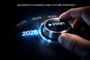2026 Start Button Pressed by Hand on Futuristic Digital Panel for Business Strategy