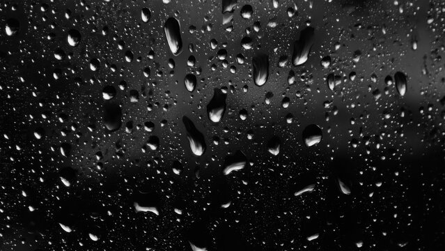 Wet glass. Water droplets. Rain drops on dark glass close up. Selective focus