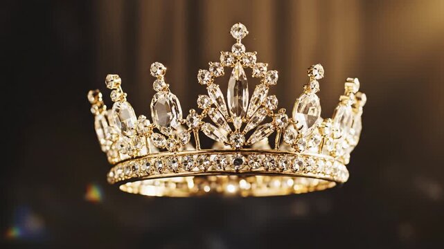 Golden jewel crown with sparkling crystal gemstones, ornate filigree tiara glowing warm regal gold luxury celebration, elegant royal jewel glowing against dark blurred background evoking ornate