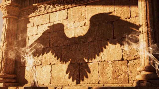 Shadow of an eagle appears on a stone wall in a historical location during the daytime with sunlight creating a dramatic effect on the background