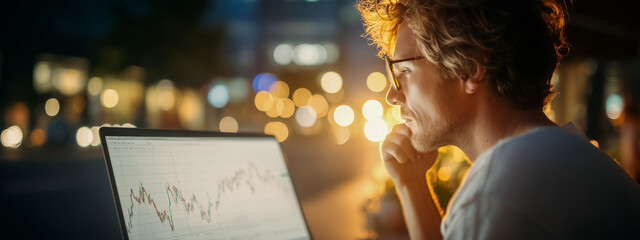 Young man analyzing financial data on laptop at night