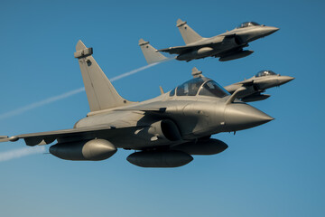 Military fighter jets flying in formation against clear blue sky