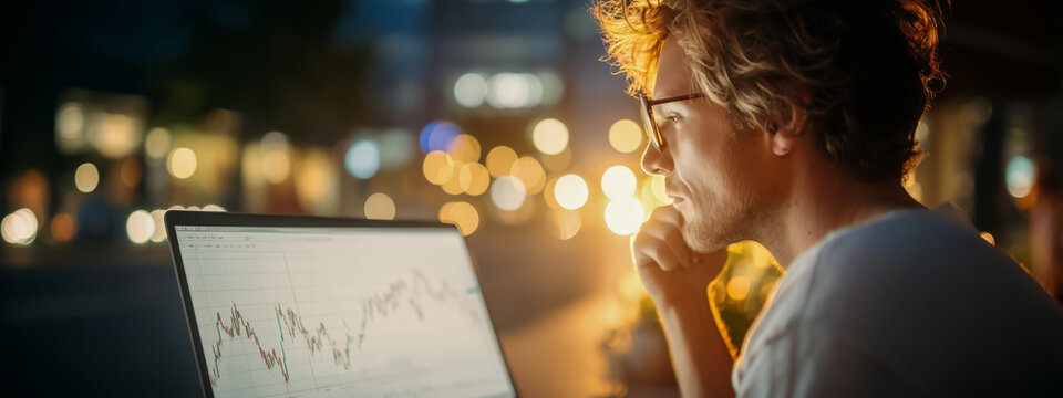 Young man analyzing financial data on laptop at night - Powered by Adobe