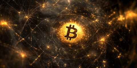 Bitcoin symbol glowing in a network of connections and lights