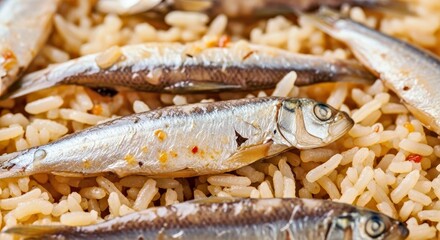 Macro Detail Glistening Anchovies Nestled in Fluffy Hamsili Pilav Grains