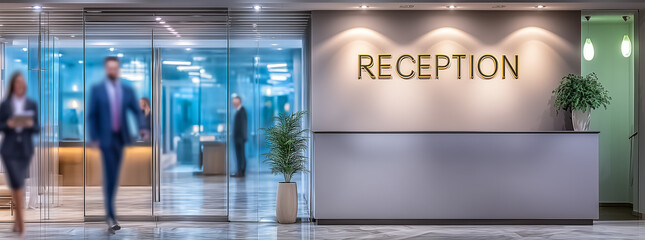 Modern reception area with blurred business professionals entering