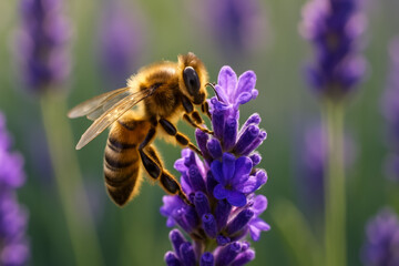 Close-up of a bee pollinating vibrant lavender flowers