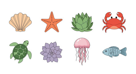Collection of marine life illustrations on white background for various uses