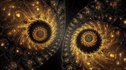 Golden spiral fractal art, abstract cosmic background with swirling patterns and glowing lights, digital art, wallpaper, fractal design