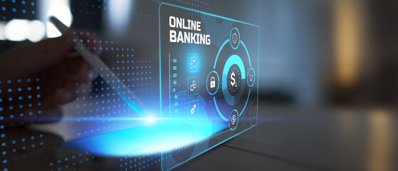 Online Banking and Financial Transactions Interface with Cybersecurity and E-Commerce Elements on Digital Touchscreen.