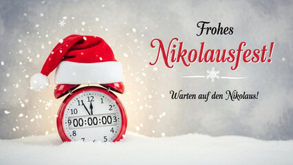 A festive holiday scene with a red alarm clock wearing a santa hat on a snowy surface with snowfall and a gray background with german text wishing a merry st nicholas day