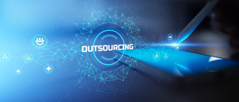 Outsourcing Services and Remote Workforce Coordination Visualized on a Digital Interface.