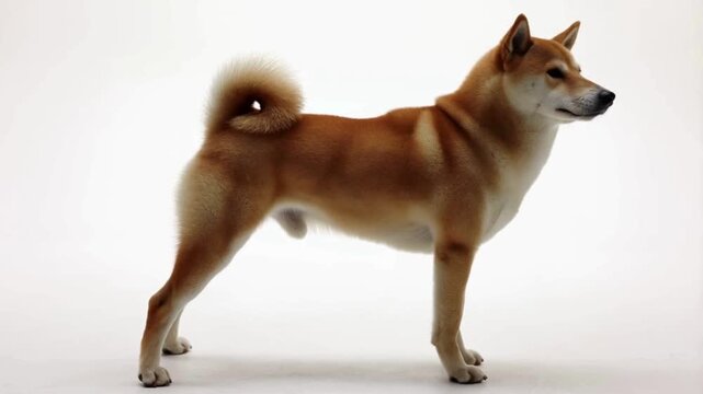Ultra-Realistic Cinematic Shiba Inu Dog Walking and Standing on Pure White Studio Background, High-Detail Fur Texture, Professional Animal Stock Video