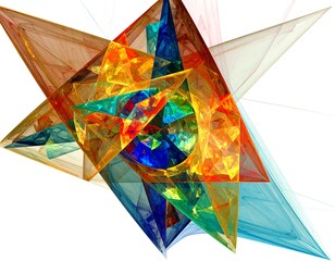 Abstract fractal art piece with complex geometric shapes, vibrant colors, and sharp edges