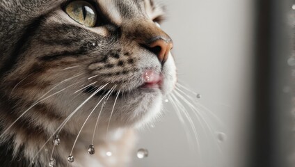 Cat gazing through a window covered in raindrops, close-up view.