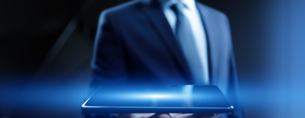 Businessman pressing button on virtual screen, Innovation and Digital Touch Interaction on Futuristic Technology Interface.