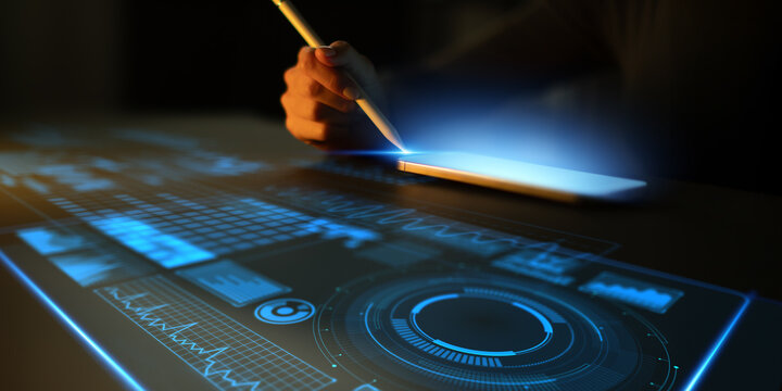 Futuristic Touchscreen Interface with Digital Data Visualization and Analytics Dashboard. - Powered by Adobe