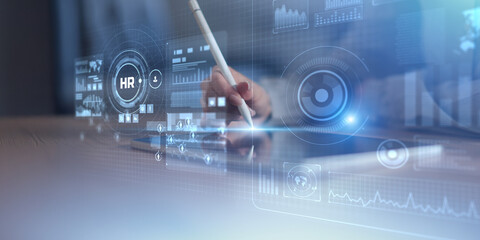 HR Analytics Interface on Virtual Screen as Wide Business and Technology Banner.