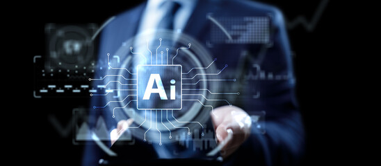 Artificial Intelligence Technology and Global Business Strategy Concept with Digital Interface.