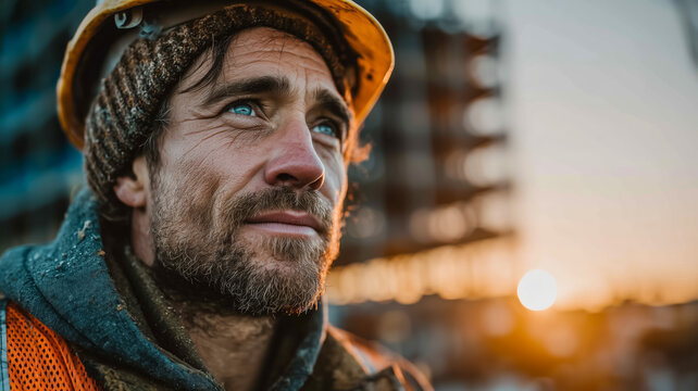 Serious construction worker looking towards sunset on job site