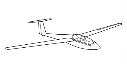 Outline drawing of a modern glider aircraft in flight against a white background showcasing its aerodynamic design and simple structure ideal for aviation