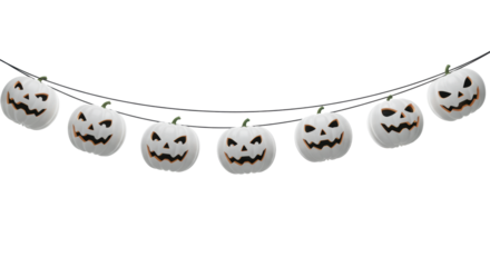 Multiple 3D rendered white jack-o'-lanterns, spooky and joyful carved black faces, varying sizes, strung on a wire against a transparent background, copy space. Modern Halloween decoration concept