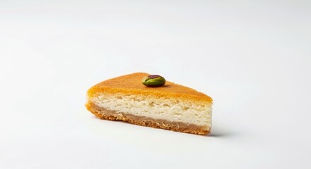 Minimalist Knafeh Slice With a Single Pistachio on a Clean White Background